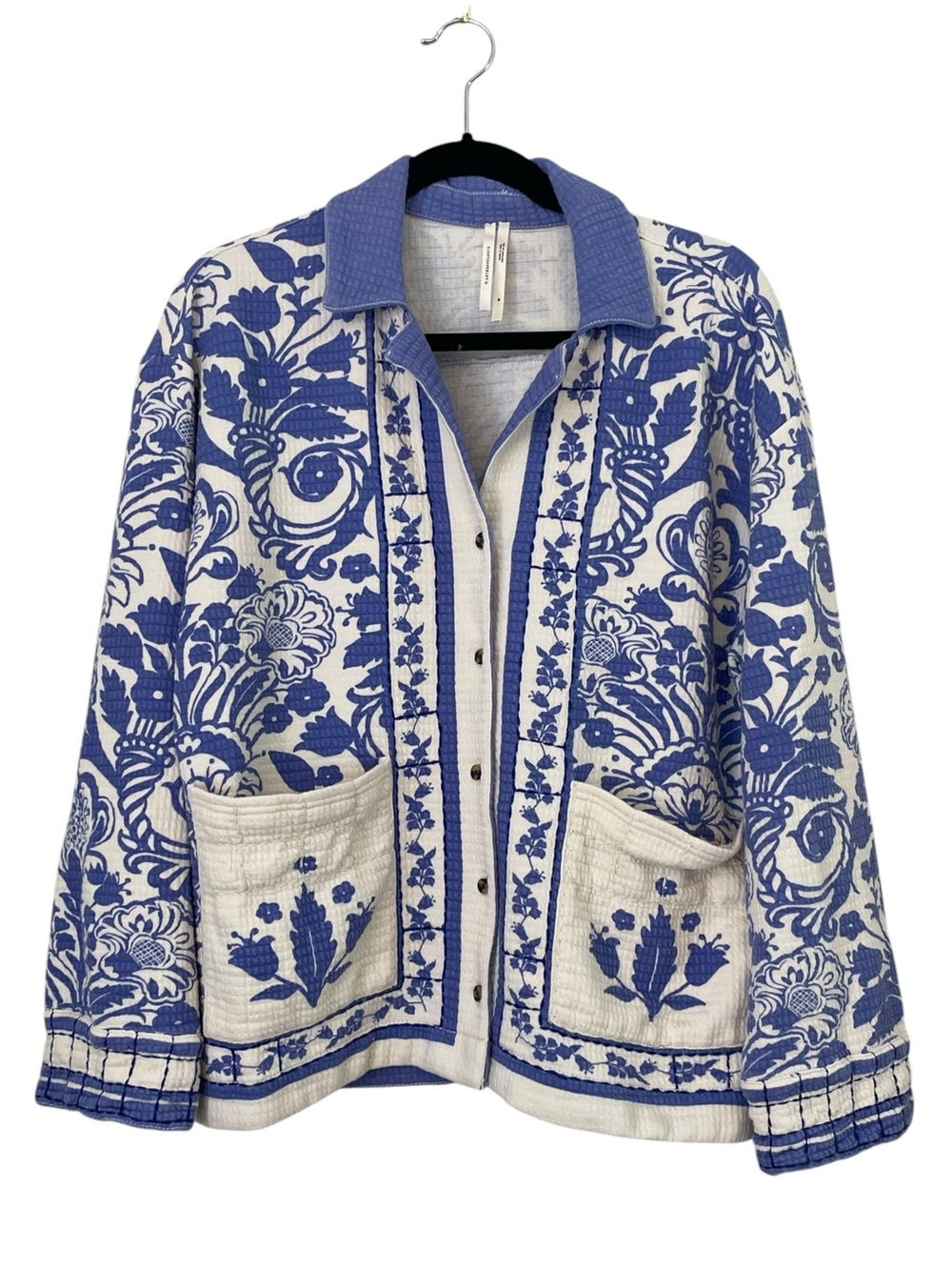 By Anthropologie Quilted Pajama Top Jacket Sz M Cotton Boho Blue White Women's